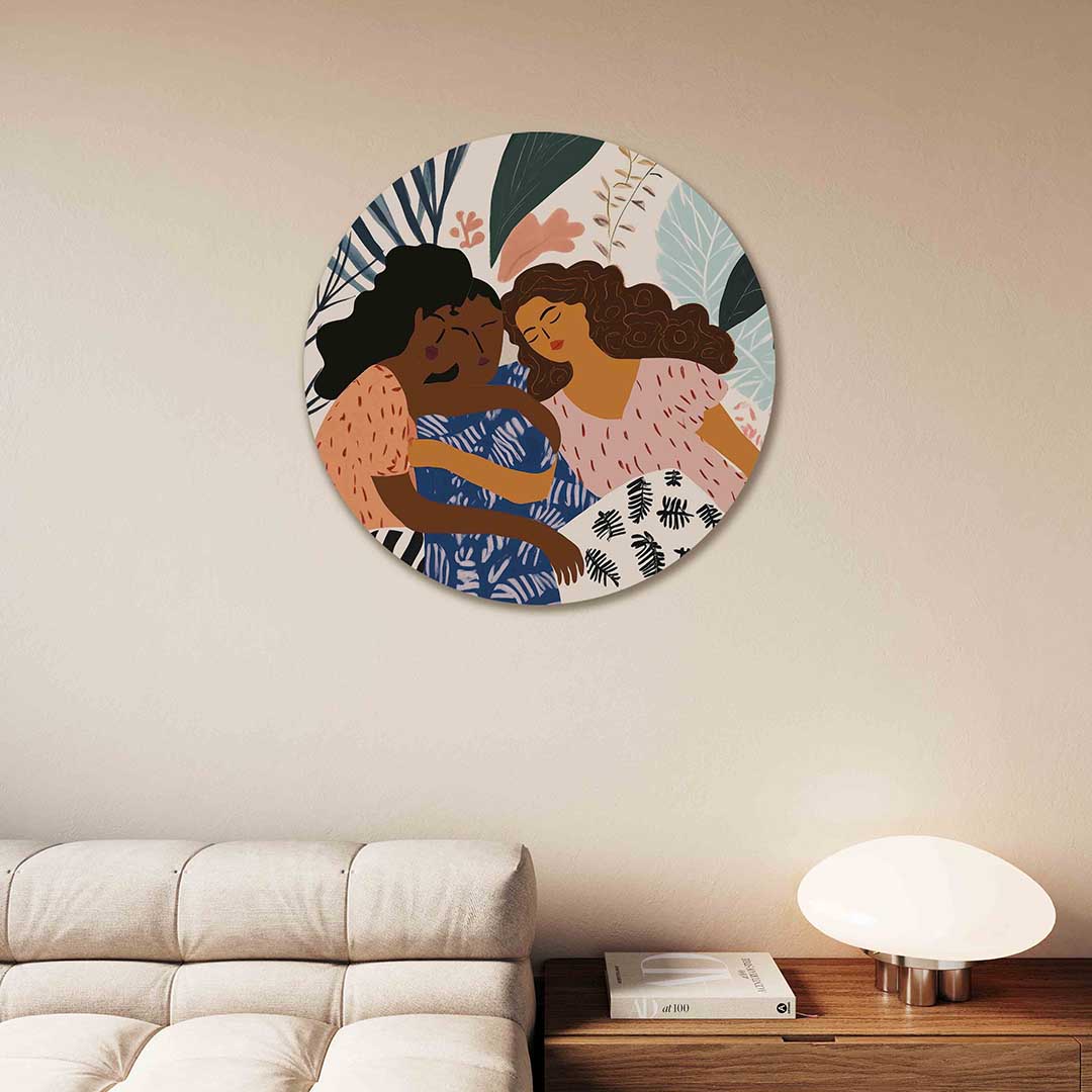 Drie figuren met bladeren – moderne abstracte muurcirkel voor aan de muur