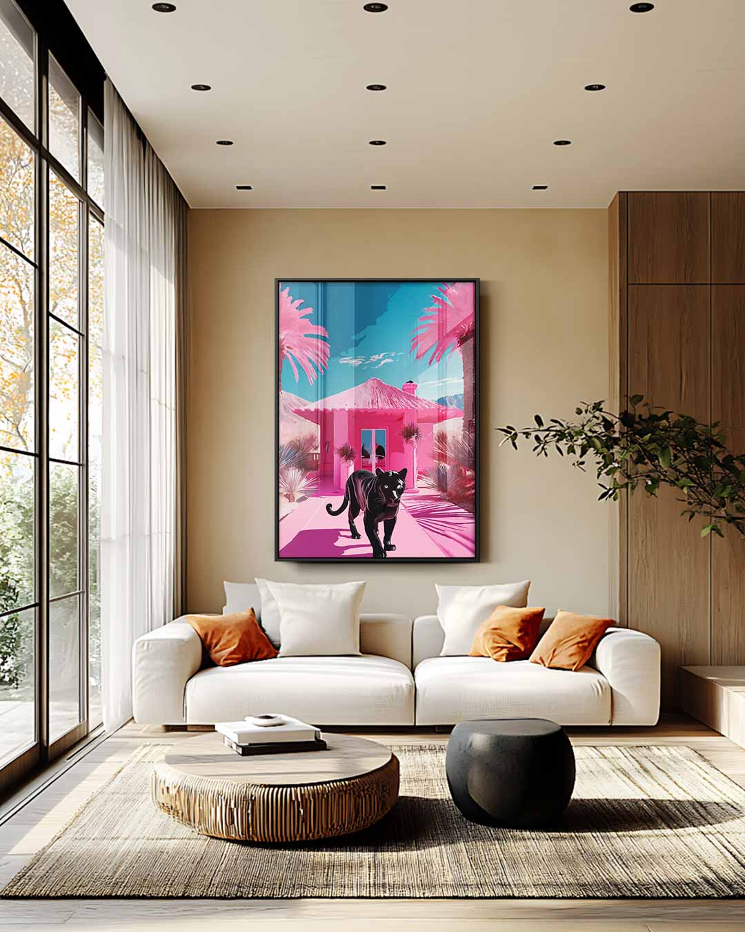 Panther in een Roze Paradijs – staand kunstwerk voor modern interieur