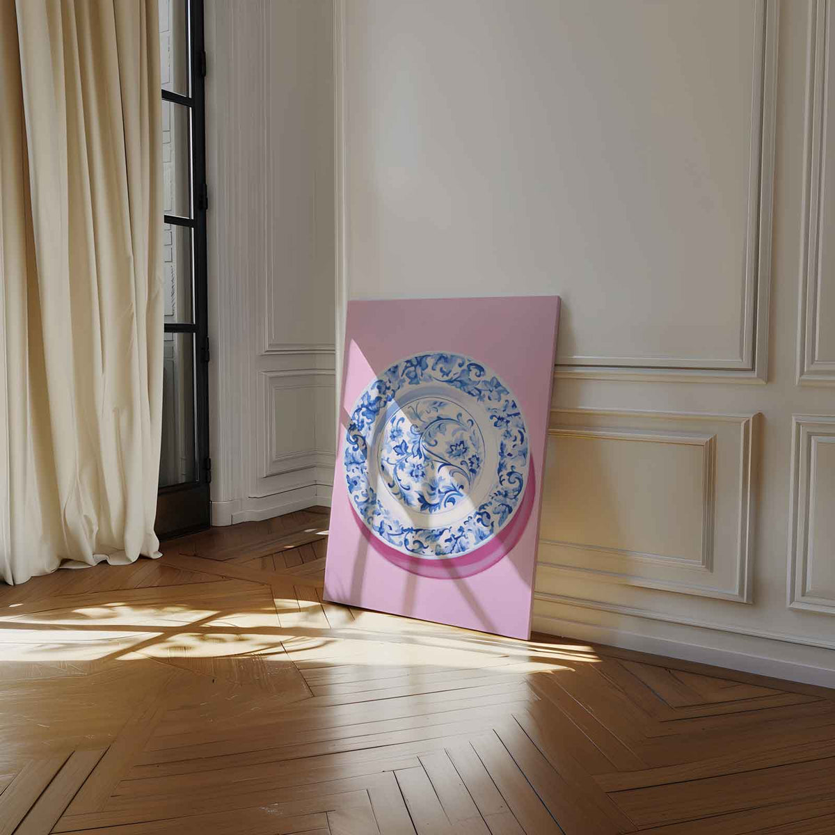 Blauwe Bloemenpracht op Roze – staand kunstwerk voor modern interieur
