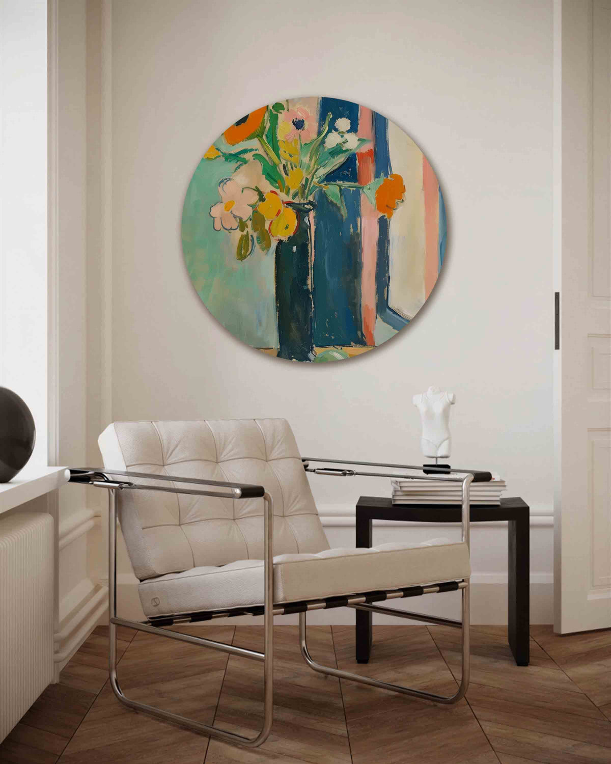 Bloemen in vaas – kleurrijke muurcirkel als ronde wanddecoratie