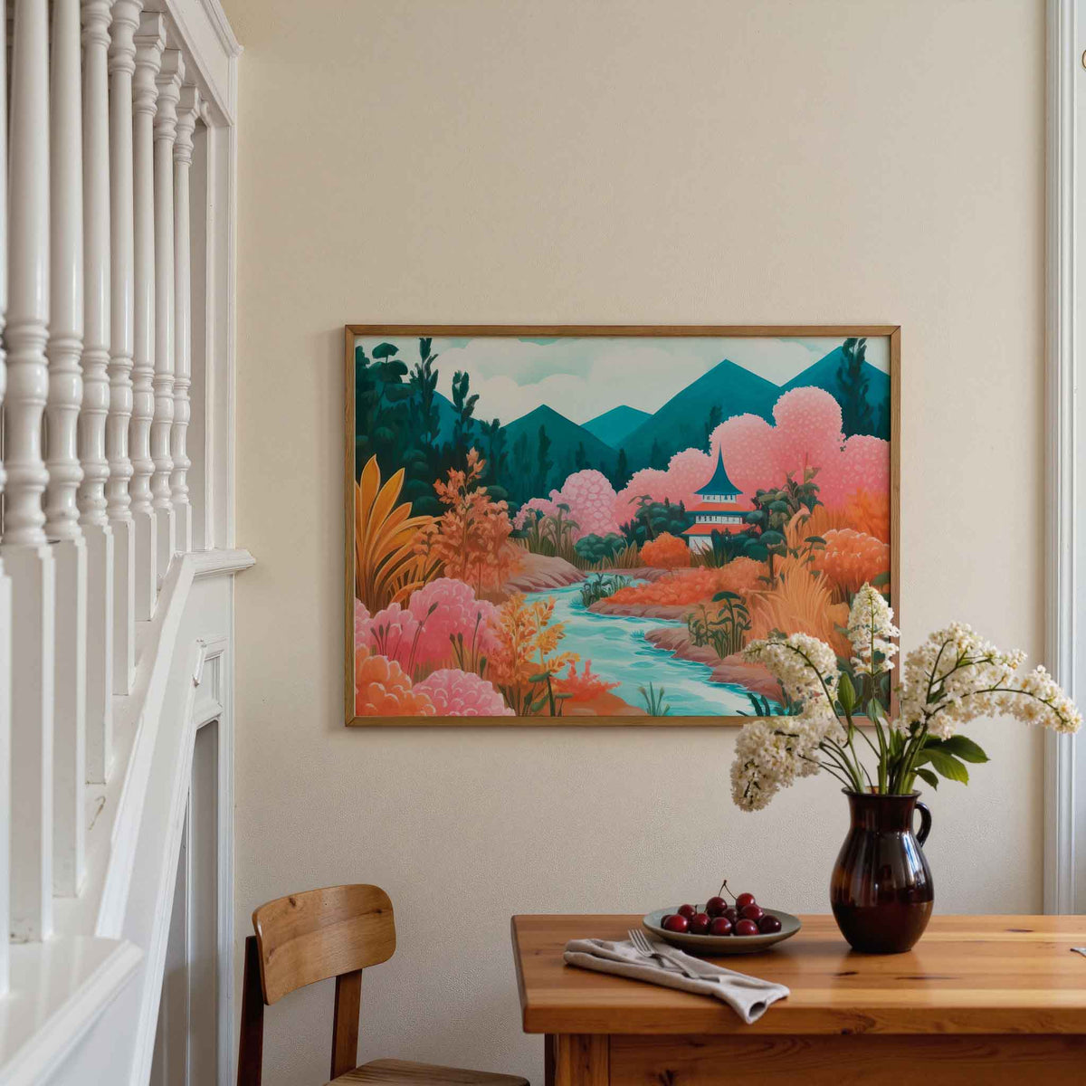 Landschap met rivier en pagode – moderne poster in liggend formaat