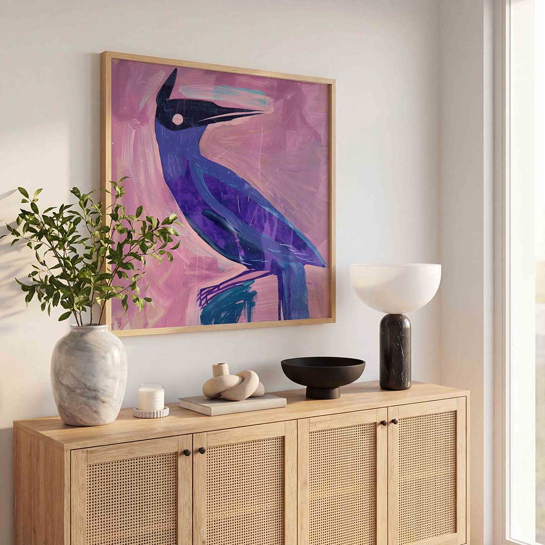 Vogel in roze en paars – illustratie poster in vierkant formaat
