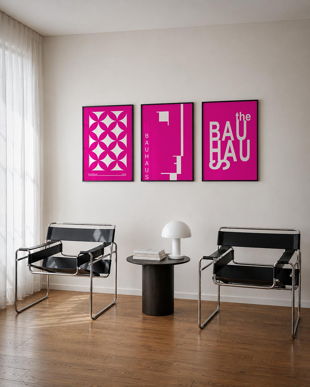 Vorm en kleur posterset – tweede productweergave – deze posterset in drie delen toont een levendig patroon van roze ellipsen