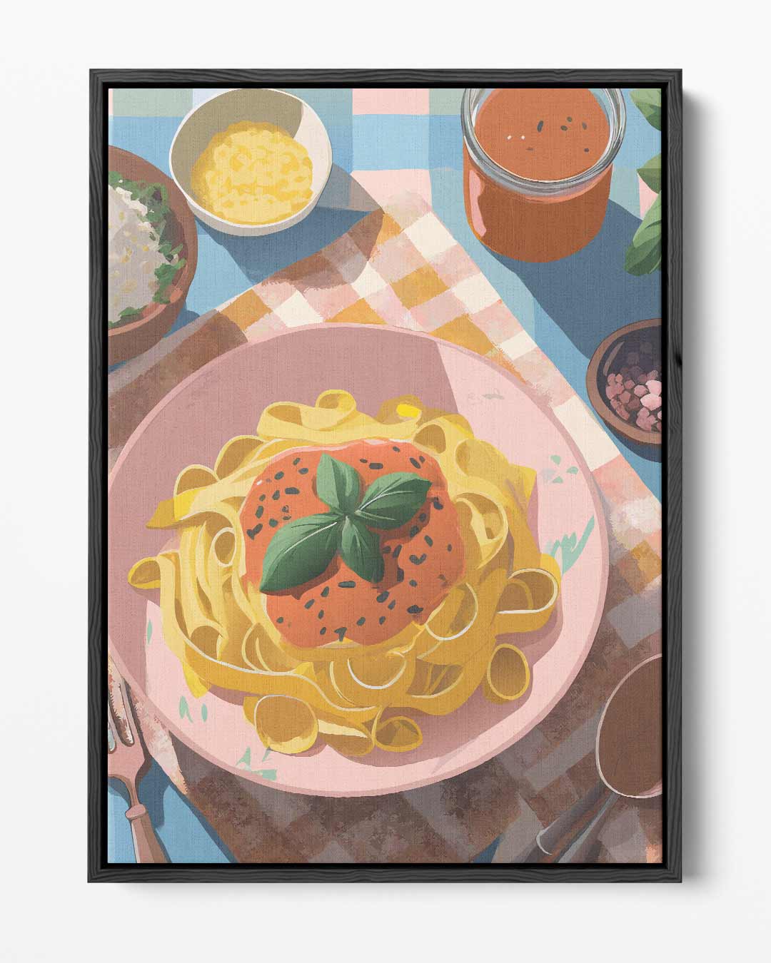 Pasta op tafel – portret kunstwerk als wanddecoratie