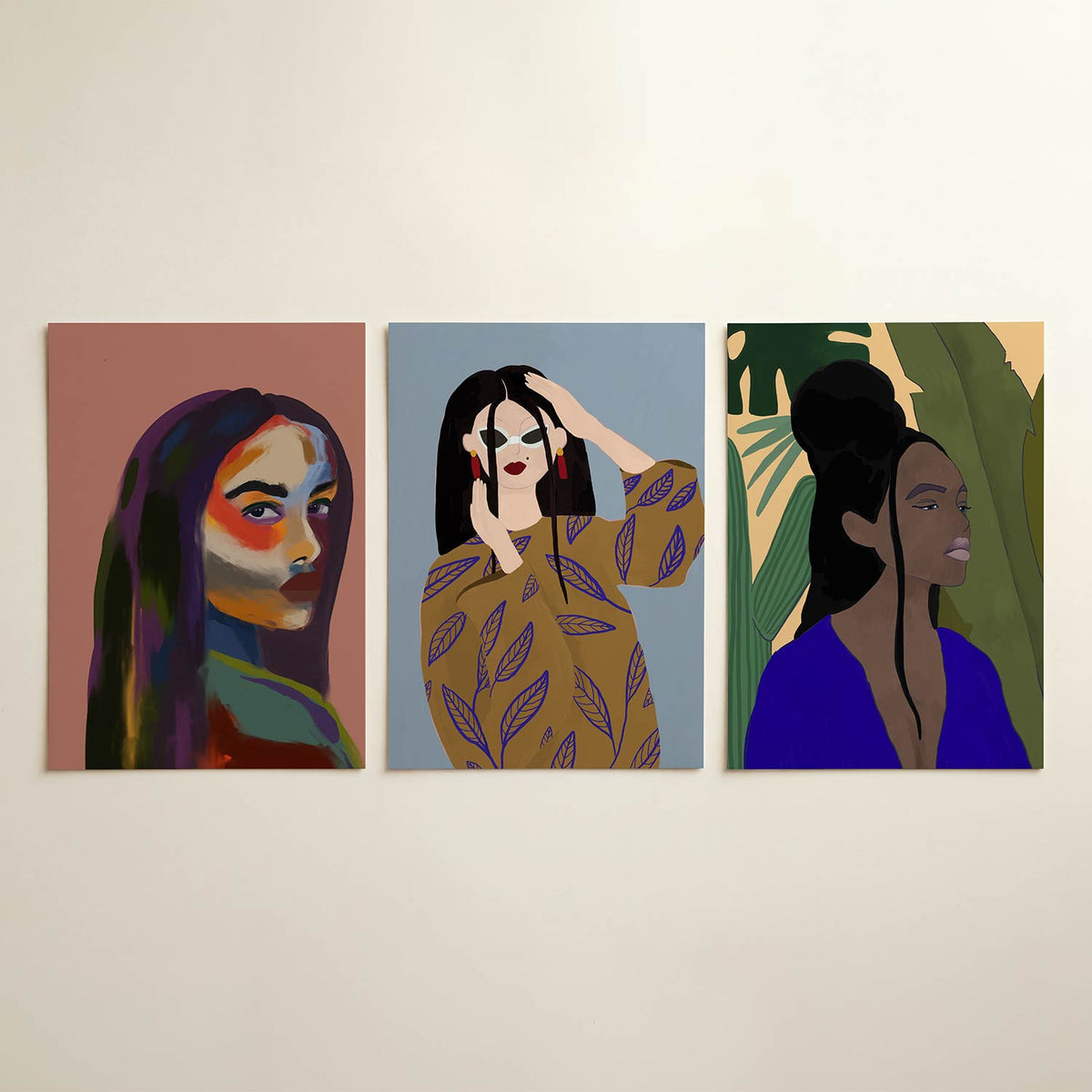 Kleurrijke portretvlakken posterset – detailweergave – deze posterset in drie delen toont een portret met