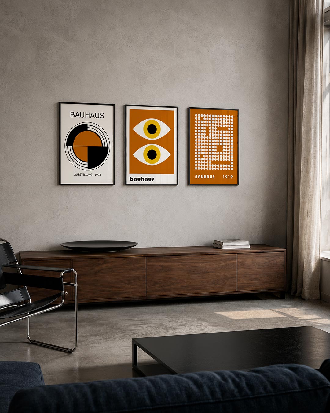 Cirkel en lijnen posterset – tweede productweergave – deze posterset toont een centrale cirkel in warm oranje, omringd door