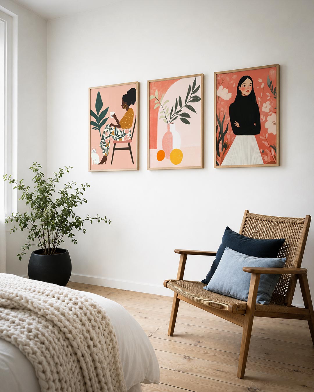 Kleurrijke rust posterset – detailweergave – een vrouw zit ontspannen met een kopje, omringd door een