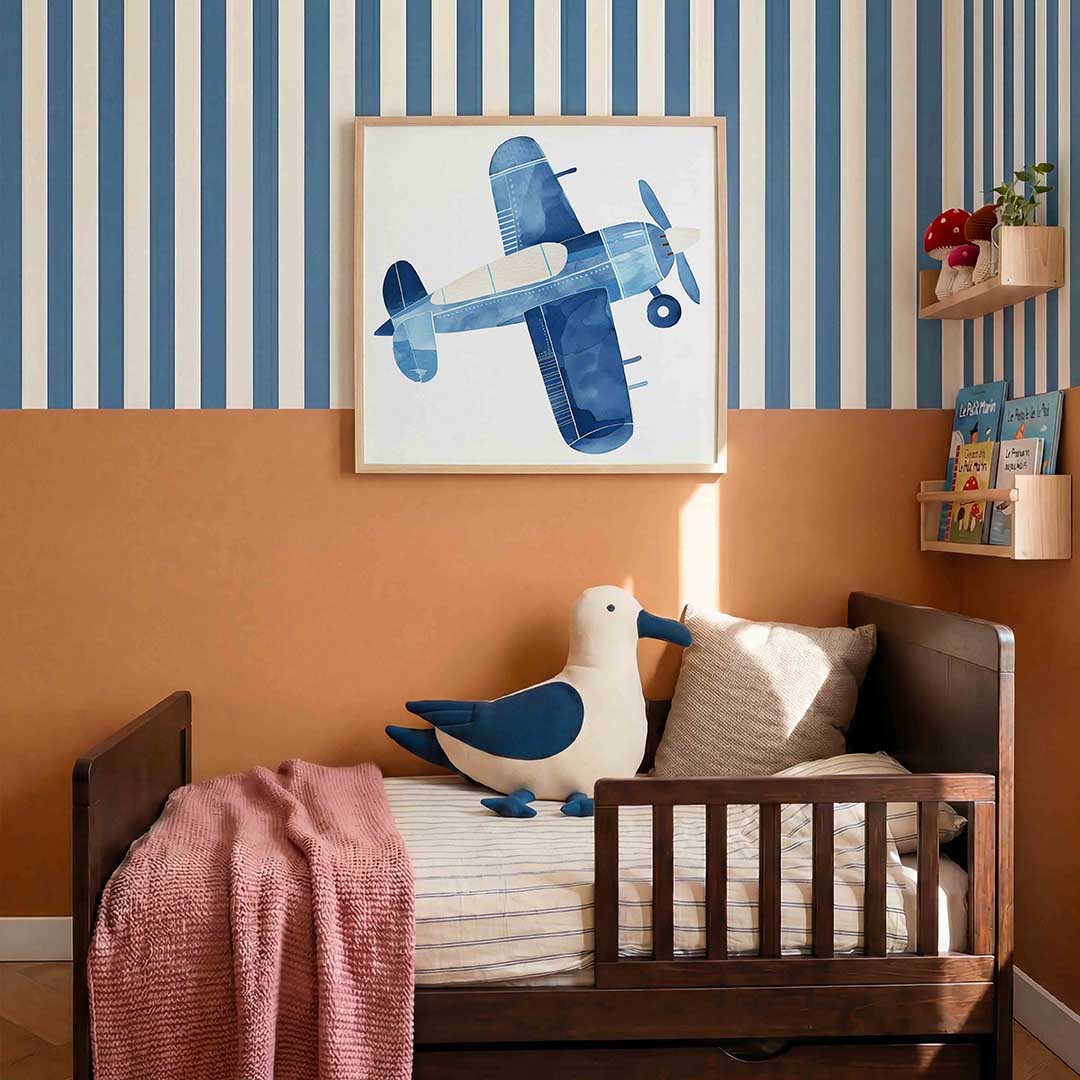 Vliegtuig in blauw – kids poster in vierkant formaat