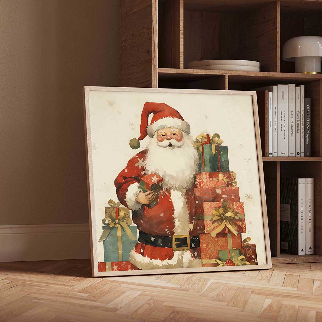 Kerstman met cadeaus – vierkante kerst wanddecoratie van WallArtistic