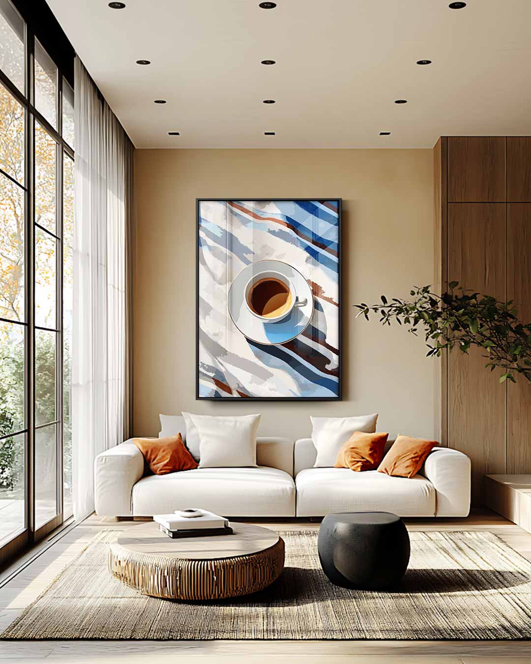 Koffiepauze in de Zon – plexiglas wanddecoratie in portret formaat