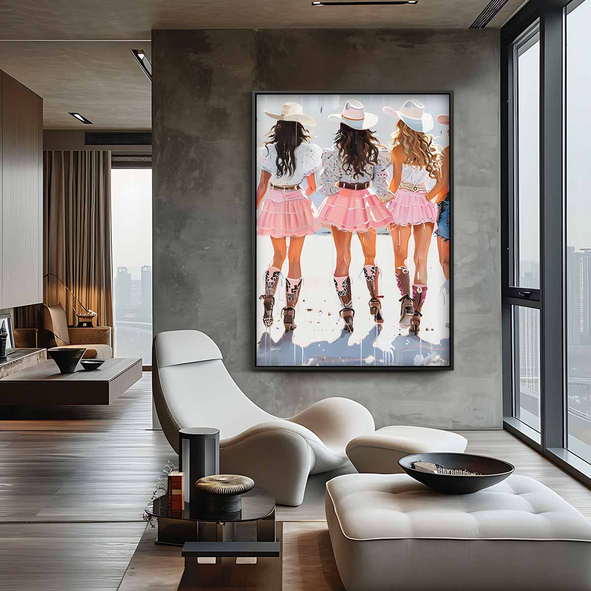 Vrolijke Cowgirls in Pastel – staande wandkunst voor woonkamer of interieur