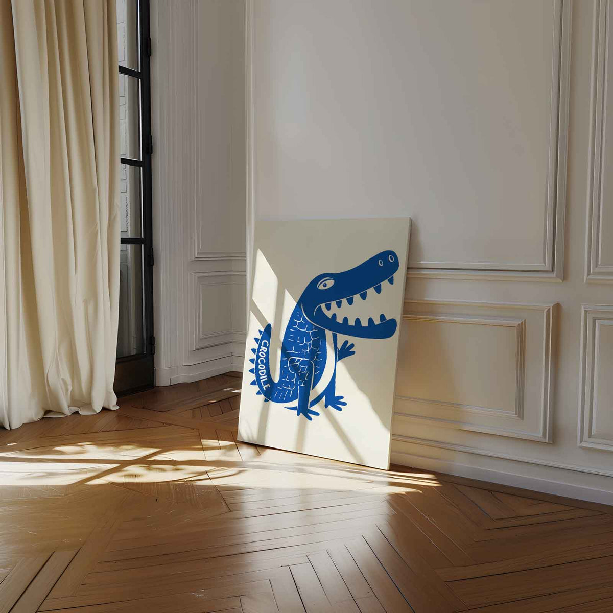 Speelse Blauwe Krokodil Illustratie – staand kunstwerk voor modern interieur