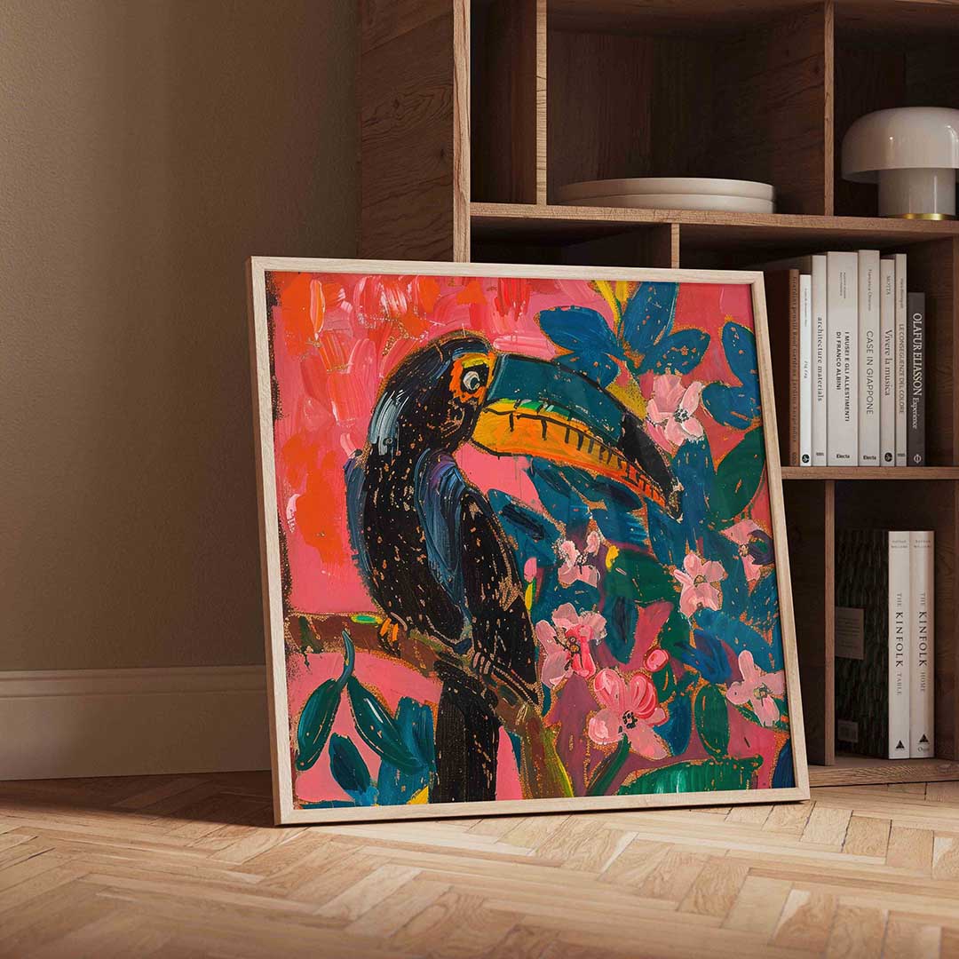 Toekan met bloemen – geïllustreerde wandkunst als vierkante poster