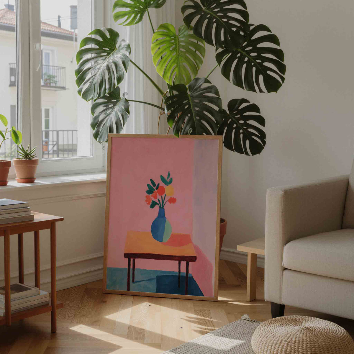 Bloemenvaas op tafel – staande botanische wanddecoratie van WallArtistic