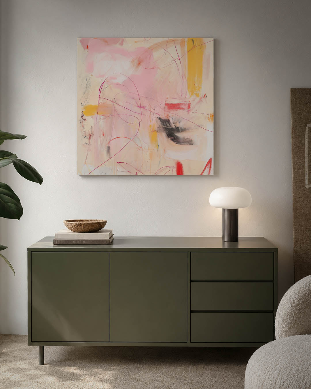 Dynamische kleurenexplosie kunstwerk – detailweergave – dit kunstwerk toont een levendige mix van roze, geel en zwart-wit