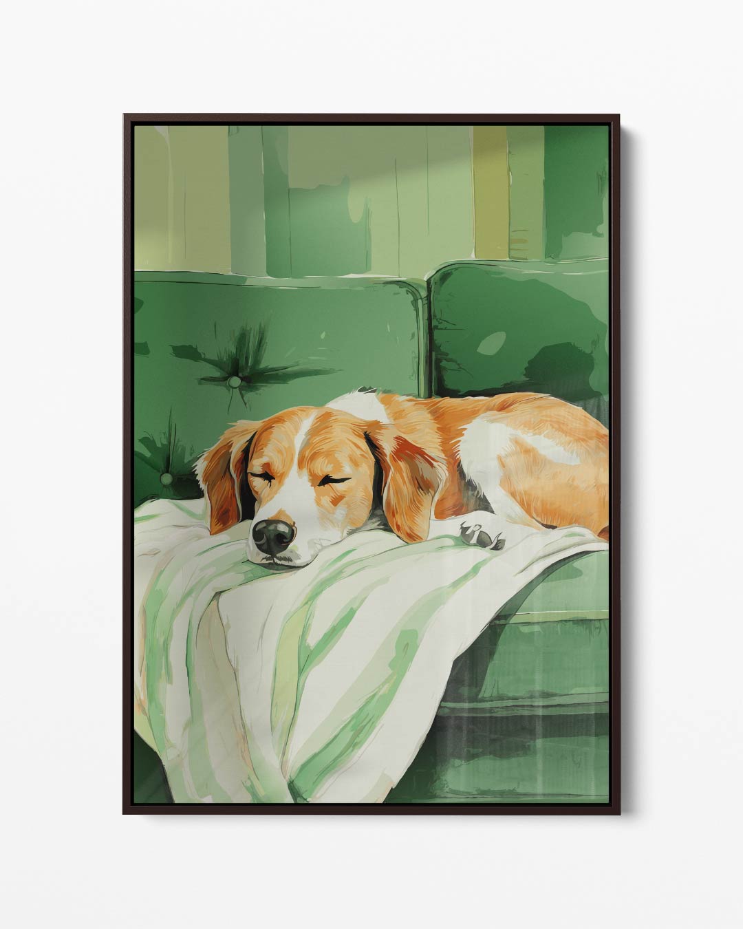 Snoezige Hond op Groen Bankje – portret kunstwerk als wanddecoratie