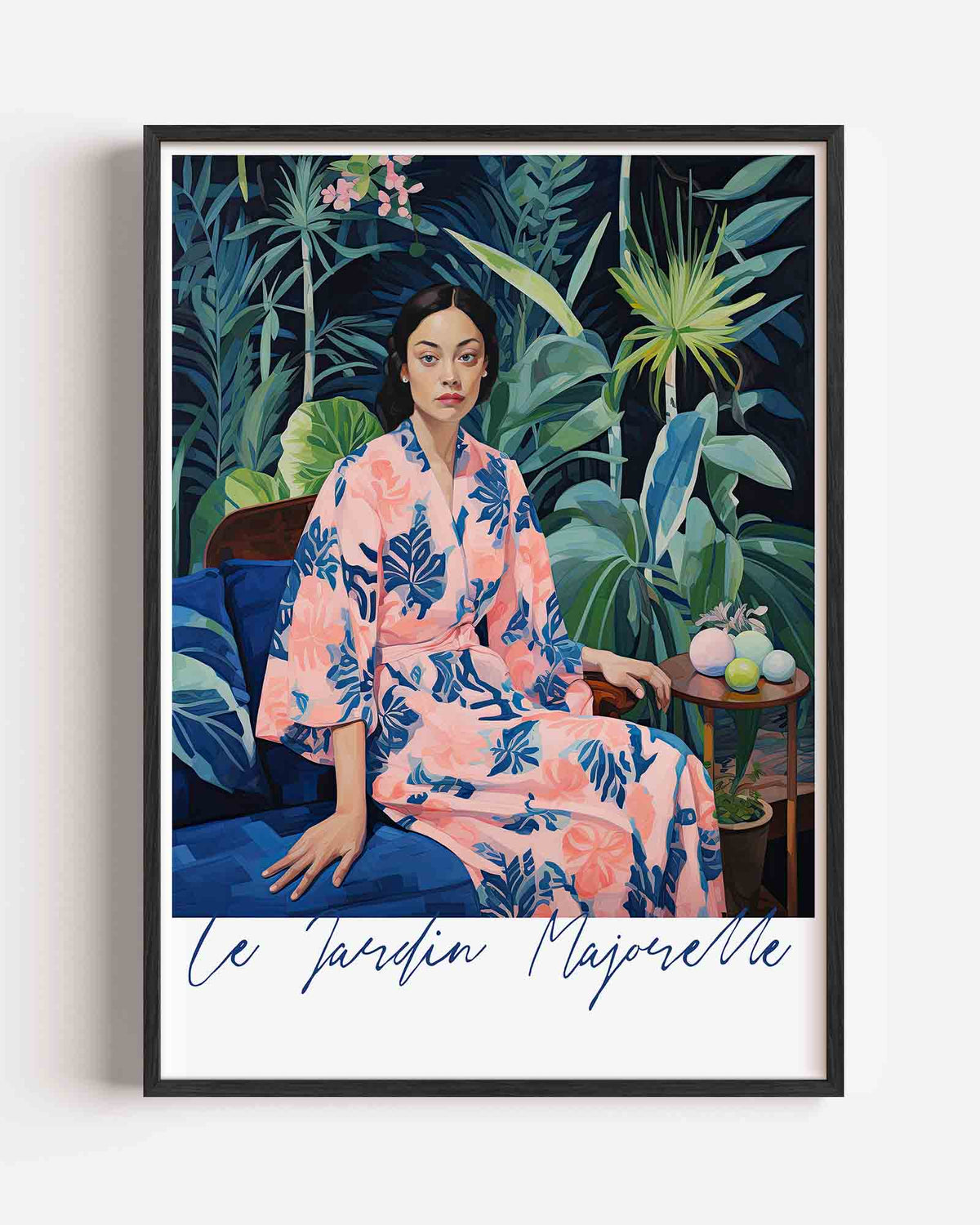 Vrouw in roze kimono – kleurrijke illustratie portret poster als wanddecoratie