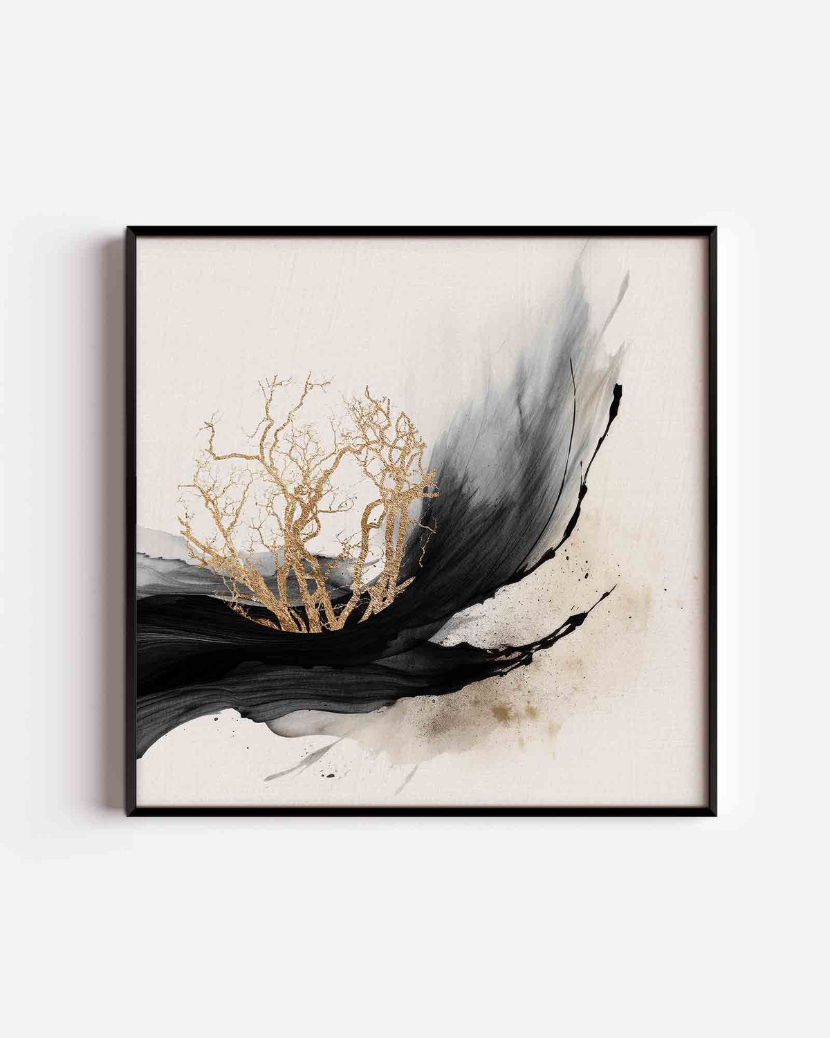 Gouden takken en zwarte golven – zacht abstracte vierkante poster als wanddecoratie