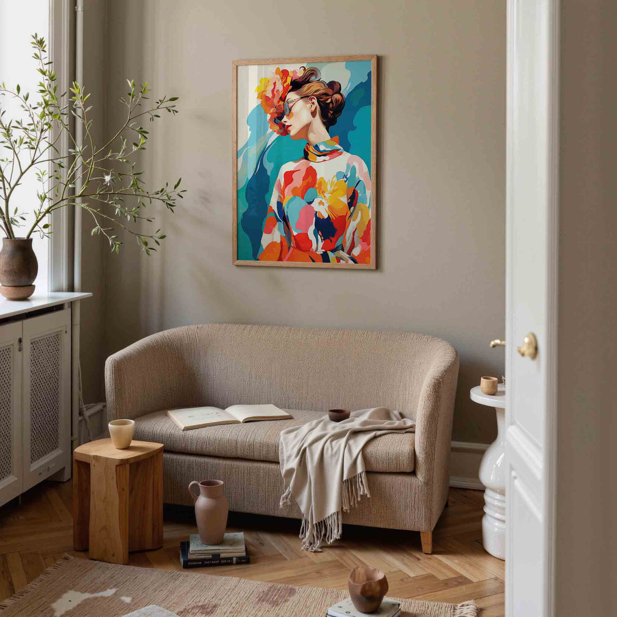 Vrouw met bloemenhoed – botanische poster in staand formaat