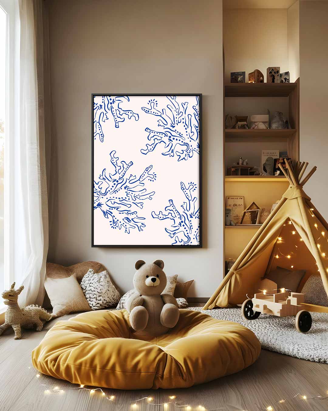 Abstracte Blauwe Koraalpatroon – canvas wanddecoratie in portret formaat