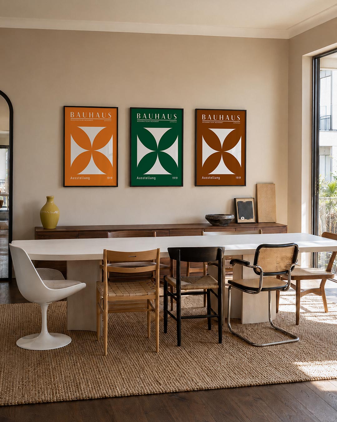 Oranje vormen driedelige posterset – deze posterset in drie delen toont een levendig oranje vlak met een wit geometrisch
