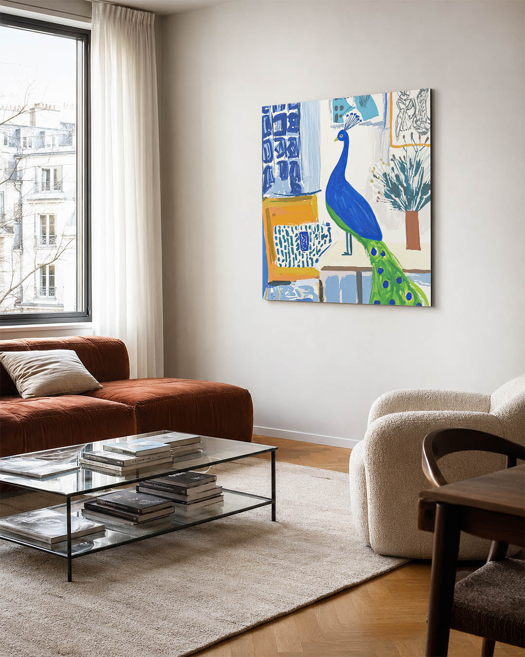 Vrolijke pauw kunstwerk – vierkante wanddecoratie – dit kunstwerk toont een kleurrijke pauw in een levendige omgeving, met