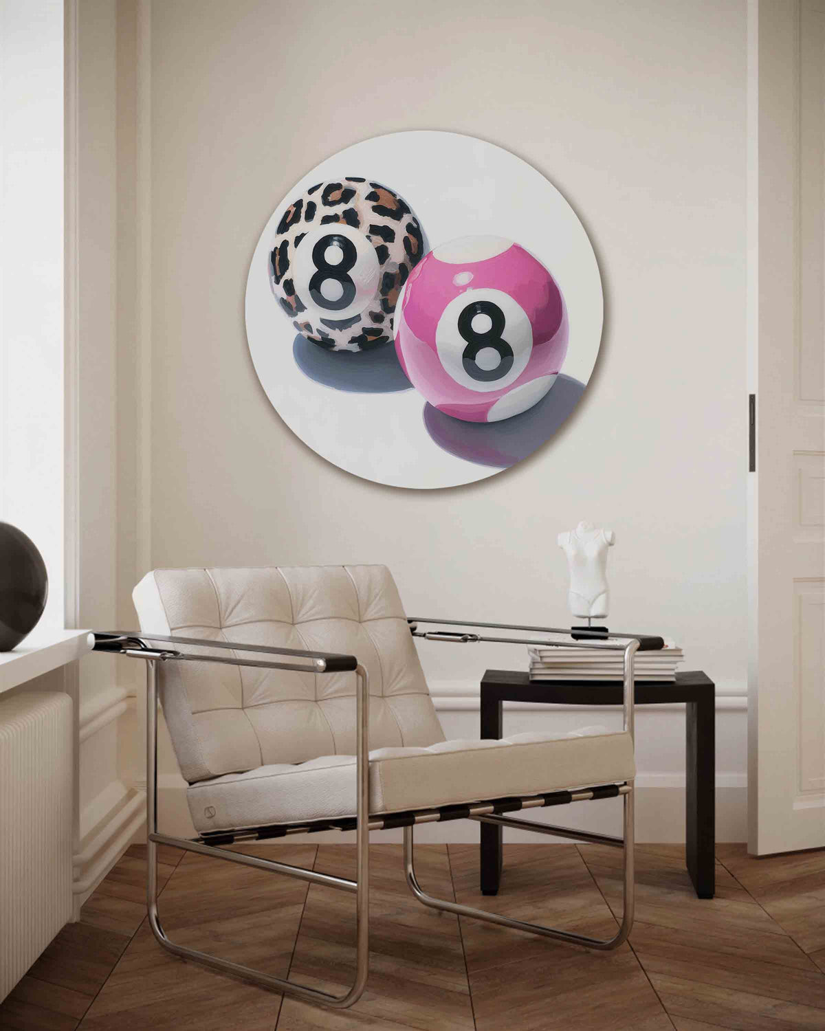 Biljartballen met nummer 8 – Pop Art muurcirkel als ronde wanddecoratie