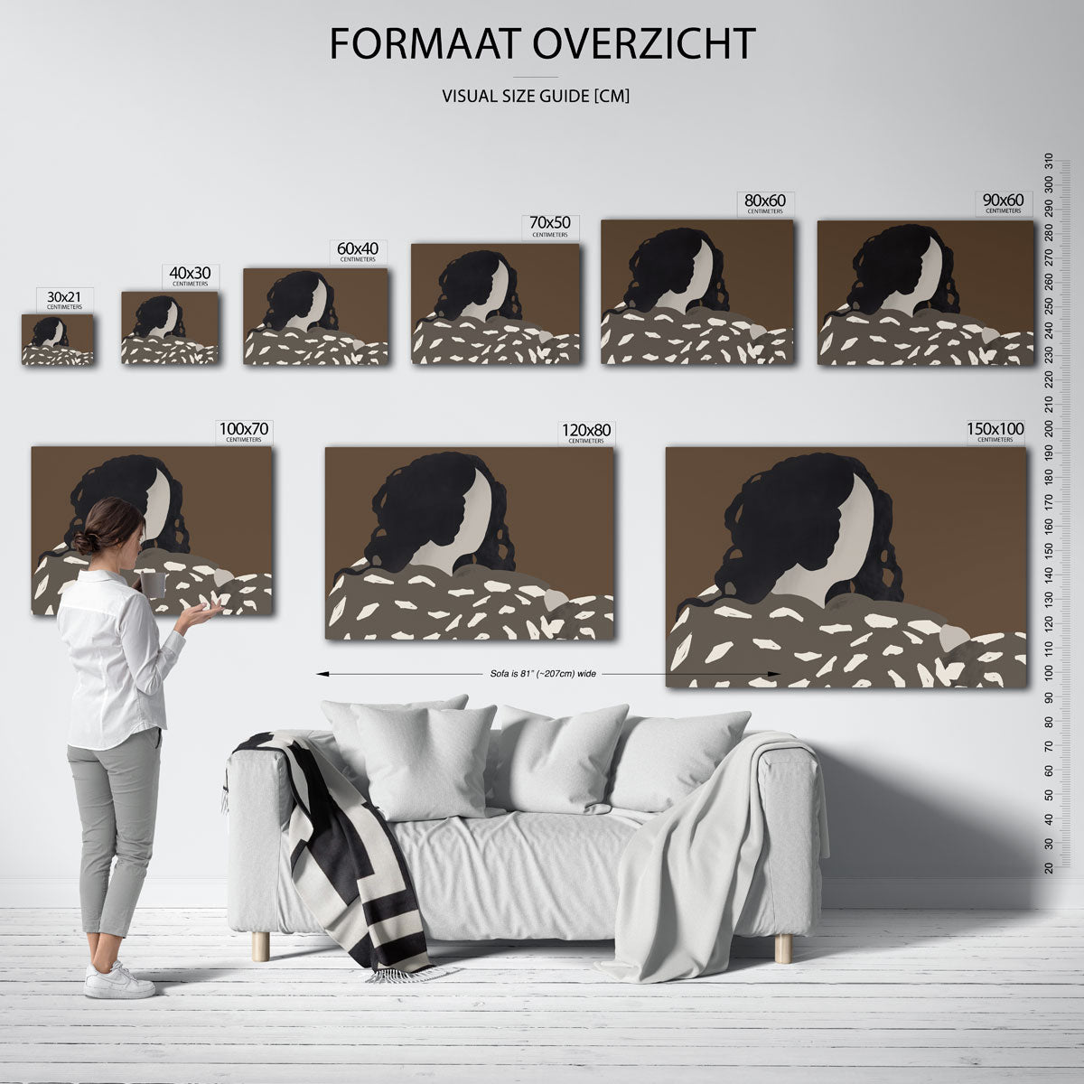 Vrouw met donkere krullen – liggende muurposter met vrouwelijk portret