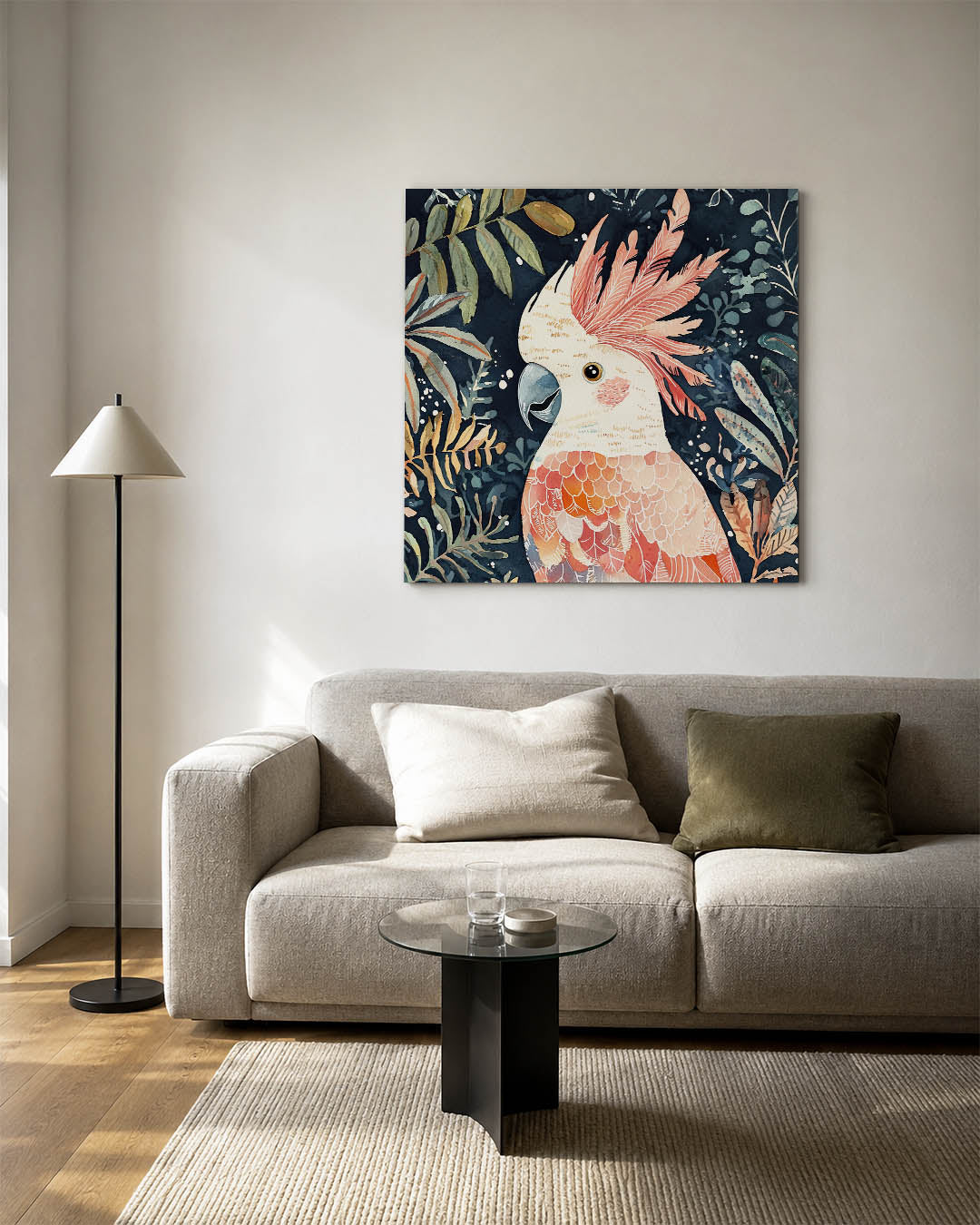Vrolijke papegaai kunstwerk – detailweergave – dit kunstwerk toont een kleurrijke papegaai omringd door weelderige bladeren.
