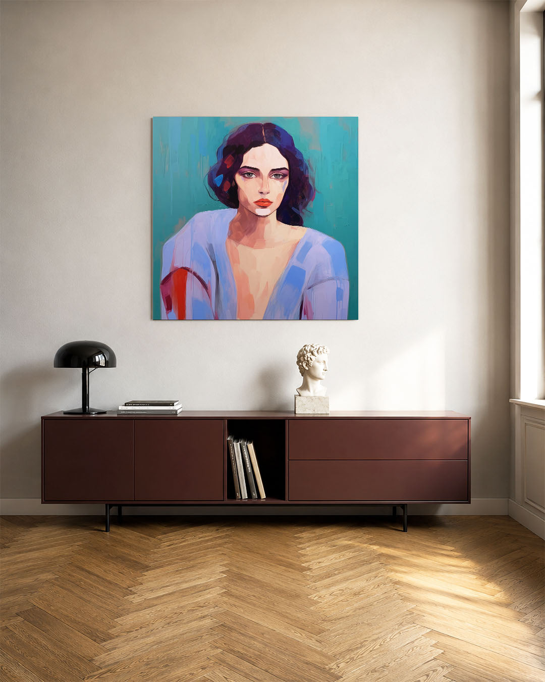 Abstracte kunstwerk – tweede productweergave – dit kunstwerk toont een vrouwelijk portret met levendige kleuren en vloeiende