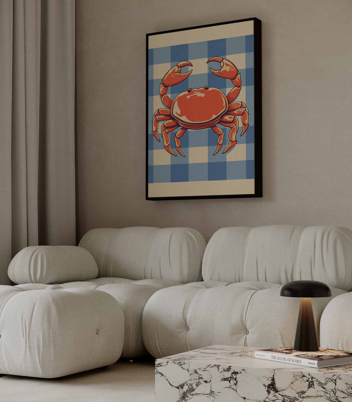 Vrolijke Krab op Blauw-Wit Patroon – portret wandkunst van WallArtistic
