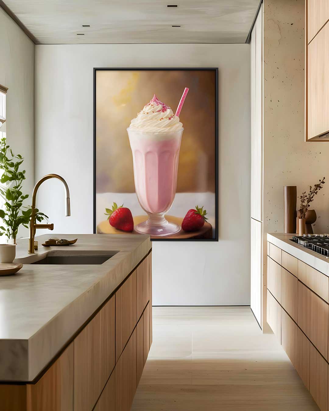 Romige Aardbeien Milkshake Schildering – staand kunstwerk voor modern interieur