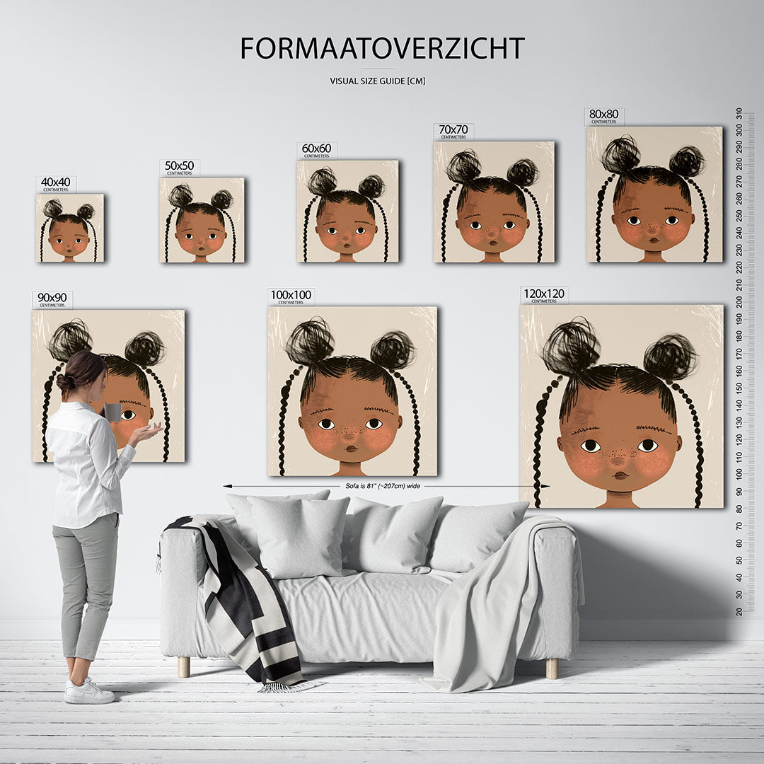 Kinderportret met vlechten kunstwerk – sfeerbeeld – dit werk toont een kind met expressieve ogen en speelse vlechten tegen