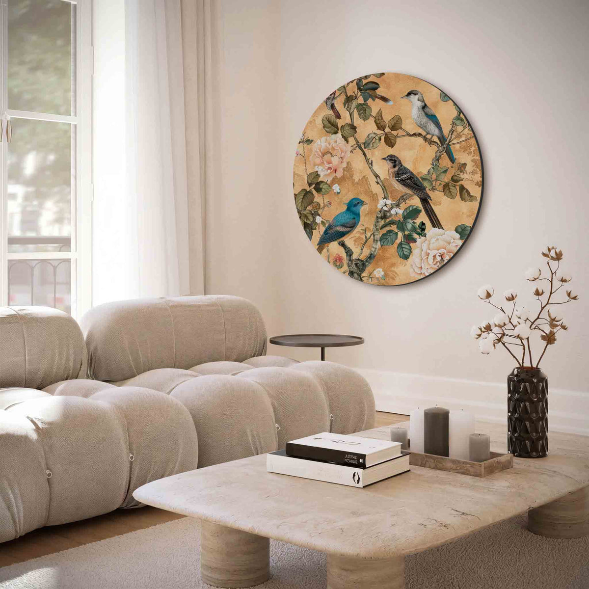 Vogels en bloemen – muurcirkel met abstracte texturen voor aan de muur