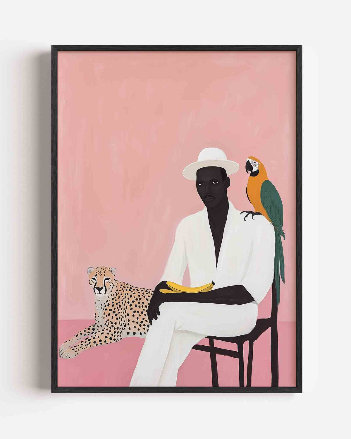 Man met papegaai en cheetah – jungle portret poster als wanddecoratie