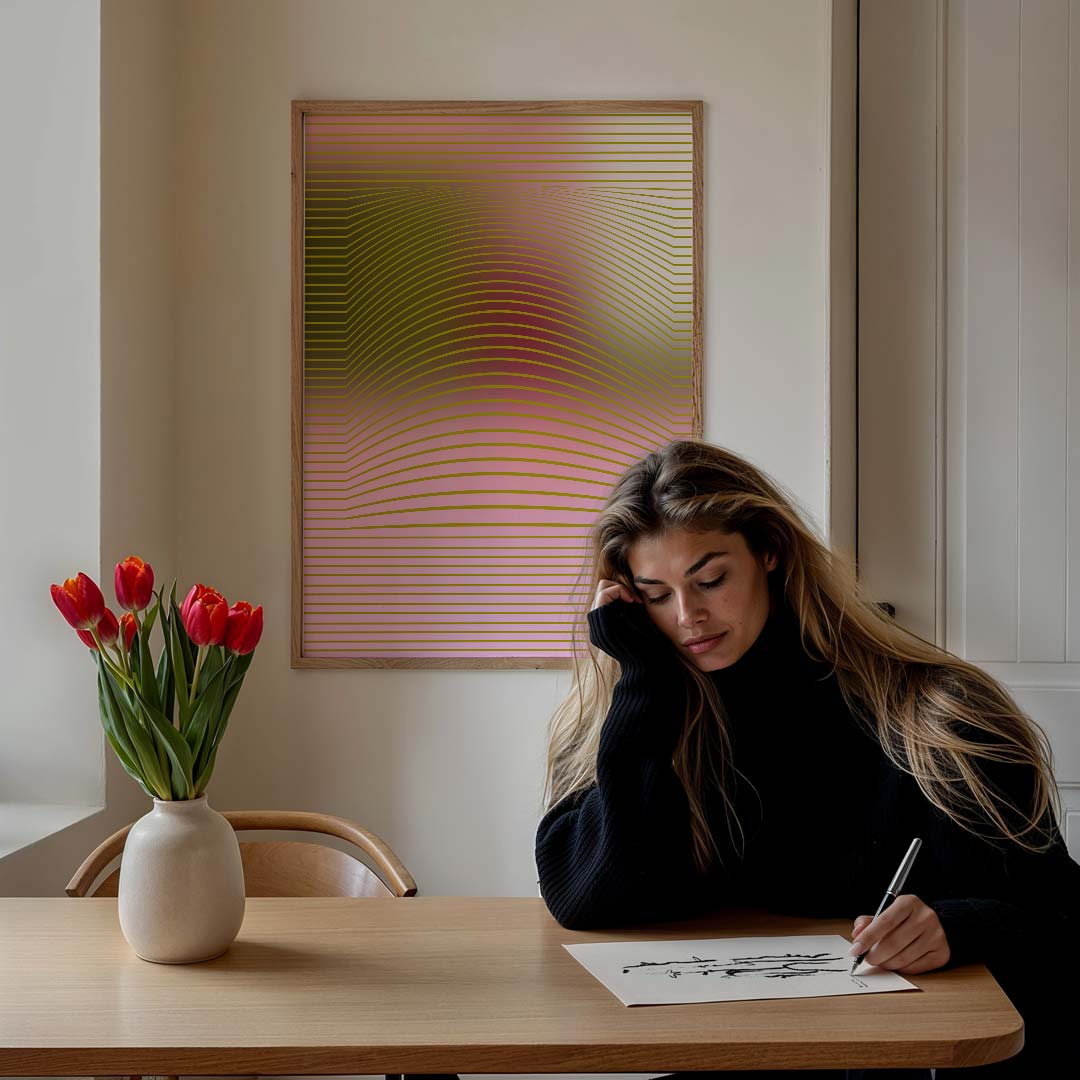 Abstracte Goudroze Dromerij – staande muurposter met kleurrijke abstracte vormen