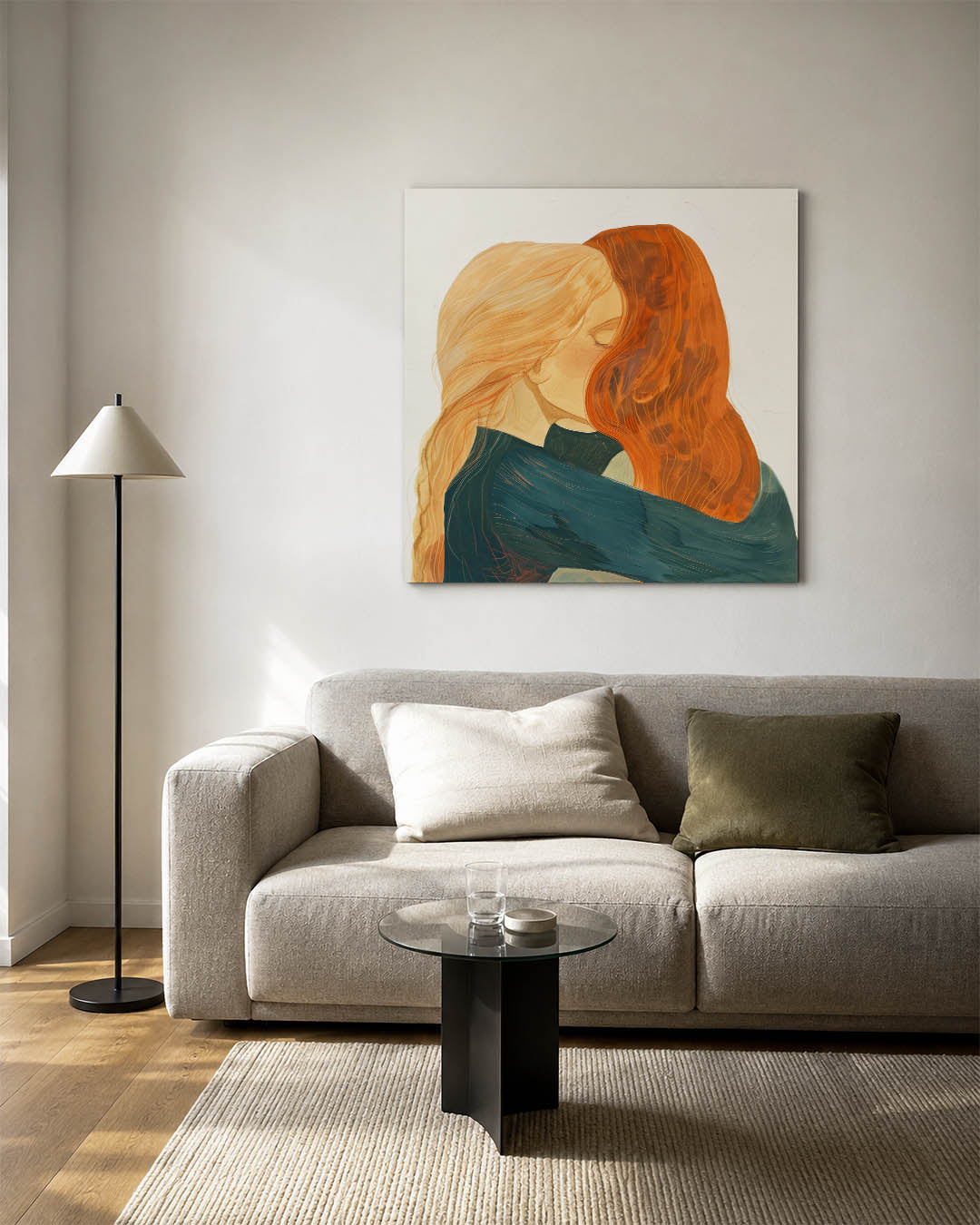 Intieme omhelzing kunstwerk – vierkante wanddecoratie – dit kunstwerk toont een warme omhelzing tussen twee figuren met