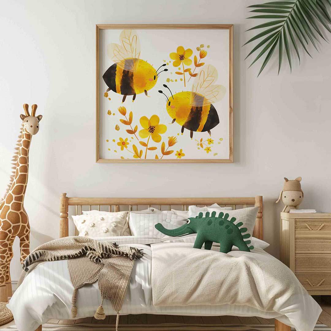 Bijen en bloemen – vierkante kinderkamer wanddecoratie van WallArtistic