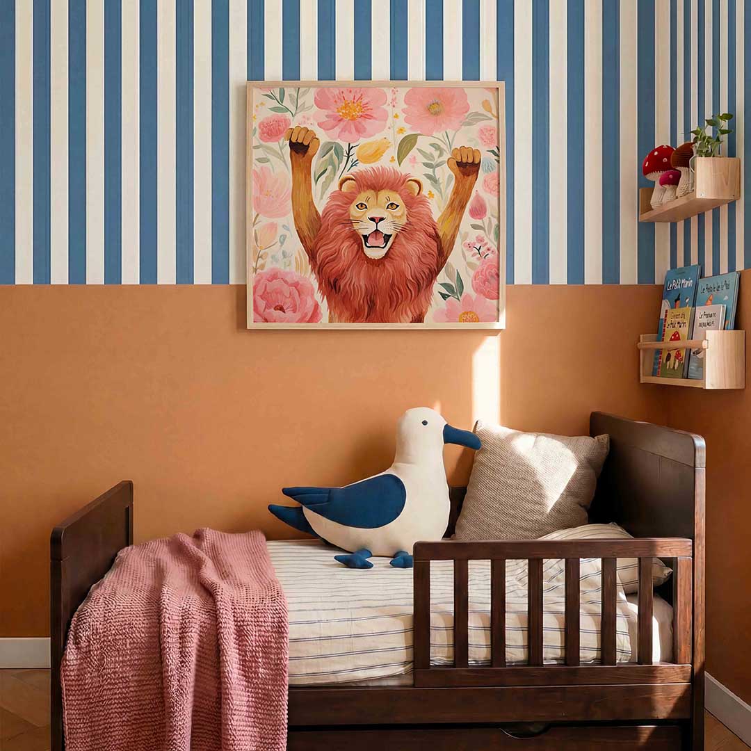 Leeuw met bloemen – kids poster in vierkant formaat