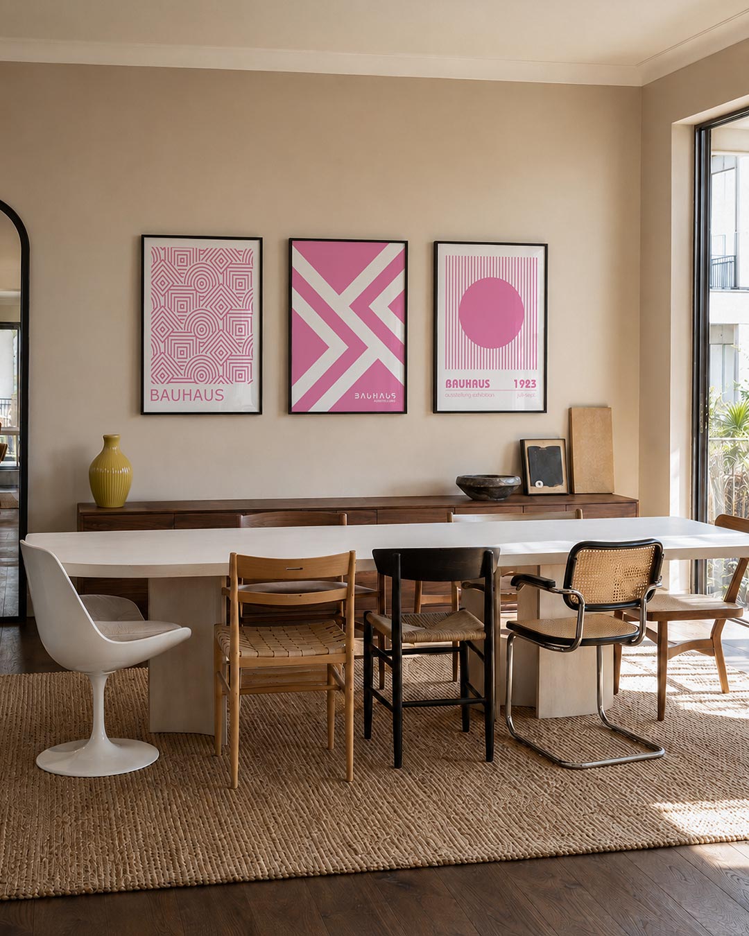 Lijnen en patronen driedelige posterset – deze posterset in drie delen toont een speels lijnenspel van roze geometrische