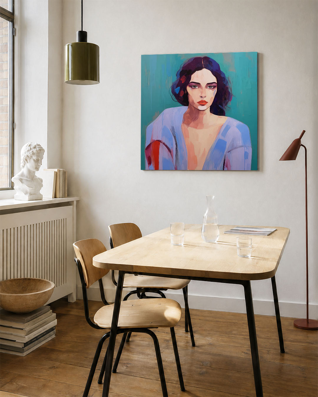 Abstracte kunstwerk – vierkante wanddecoratie – dit kunstwerk toont een vrouwelijk portret met levendige kleuren en vloeiende
