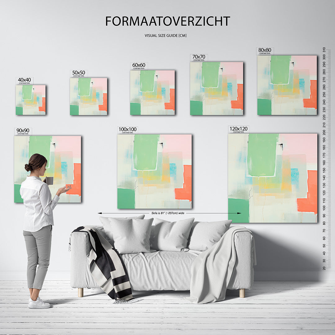 Kleurrijke vlakken kunstwerk – sfeerbeeld – dit werk toont een compositie van overlappende rechthoeken in zachte tinten. De