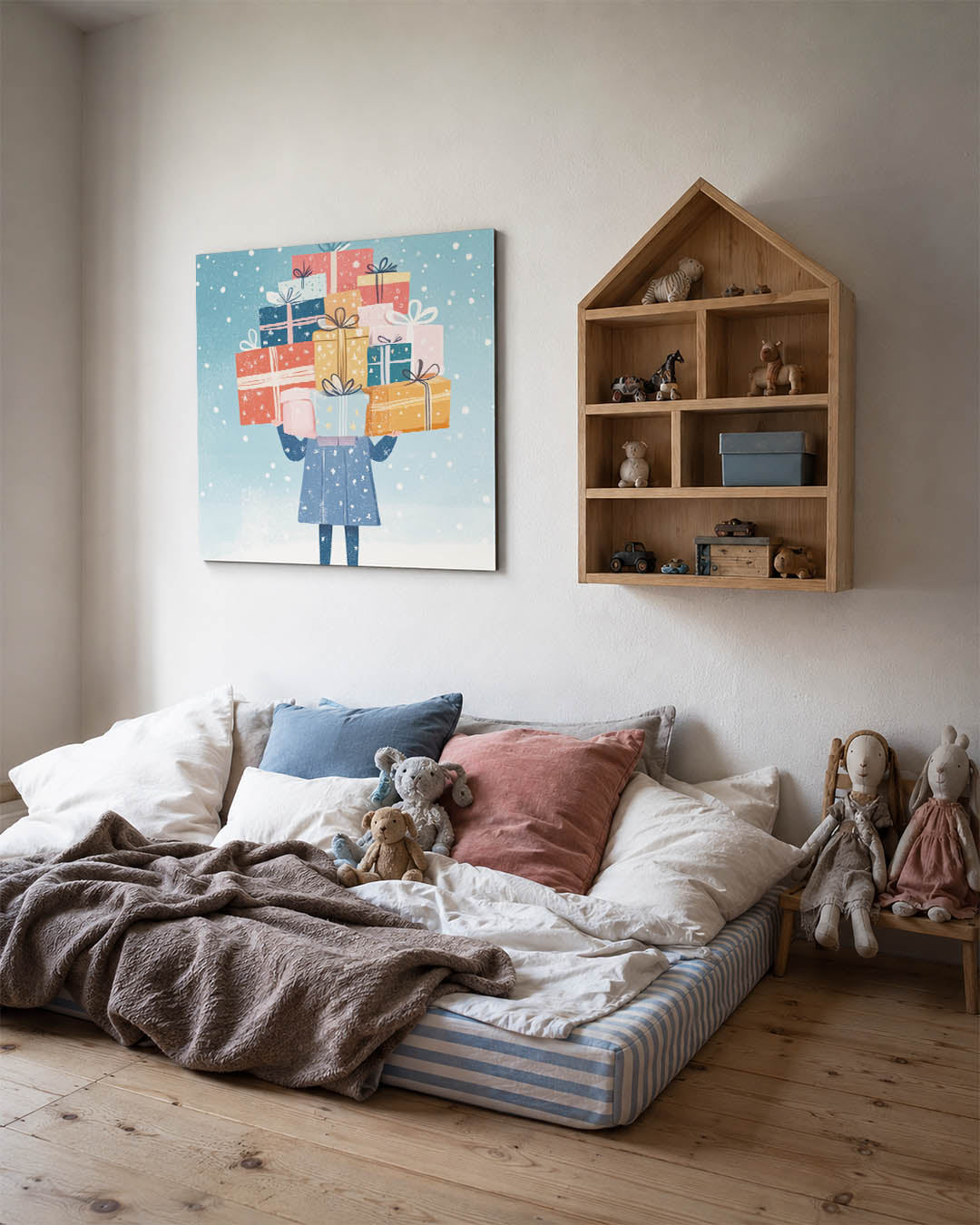 Speelse cadeau illustratie kunstwerk – derde productweergave – dit werk toont een figuur met een stapel kleurrijke cadeaus