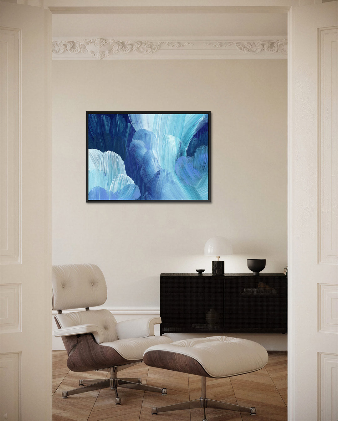 Dynamische blauwtinten – Beweging – liggende wanddecoratie