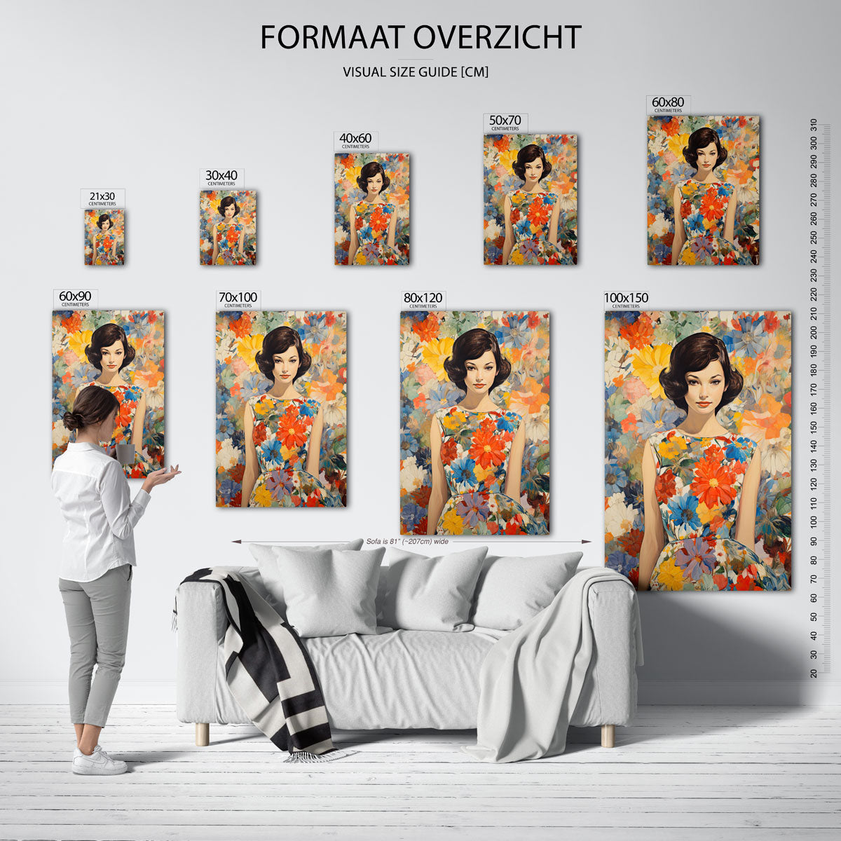 Vrouw met bloemenjurk – staande muurposter met botanisch thema