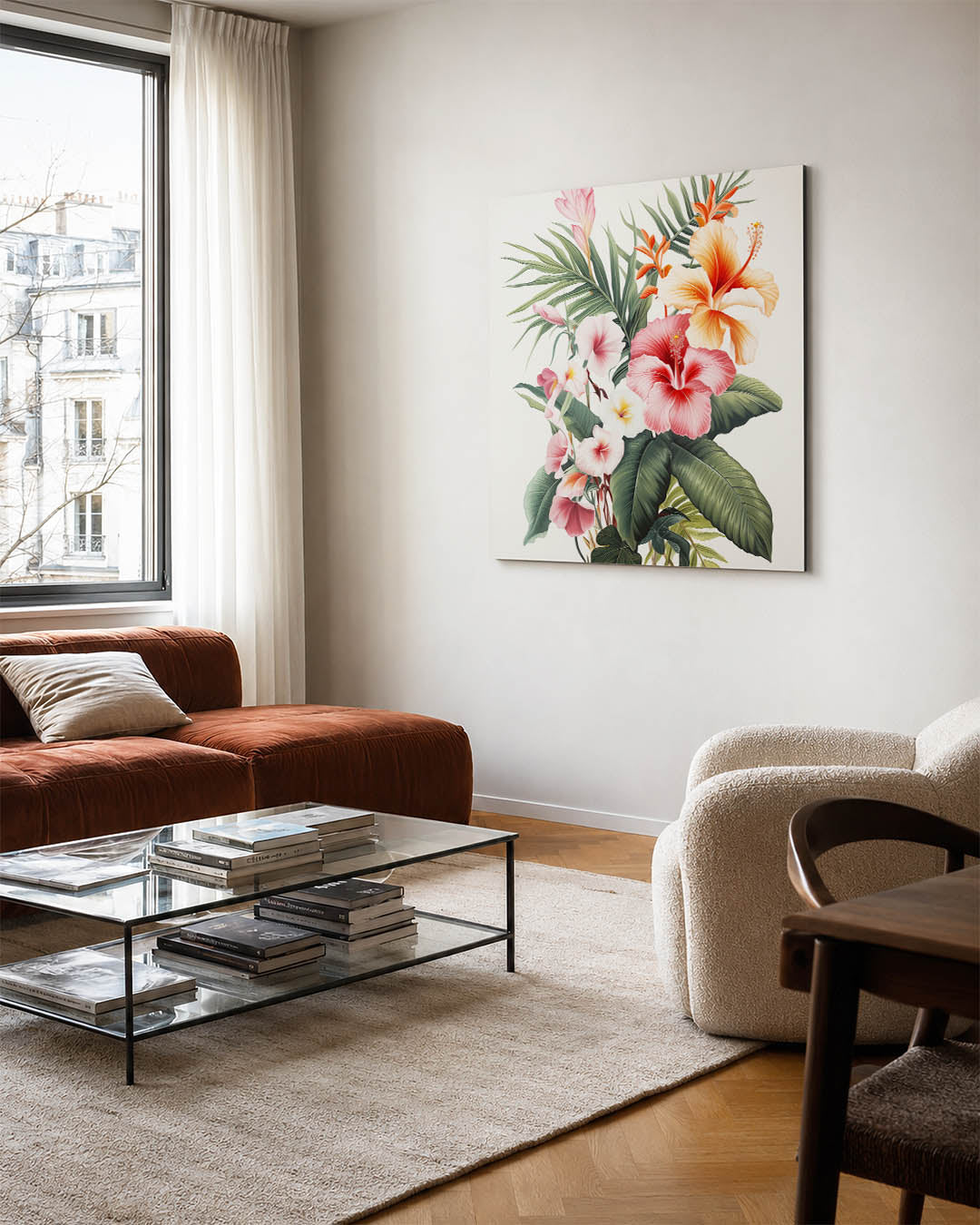 Bloemenpracht kunstwerk – vierkante wanddecoratie – dit kunstwerk toont een weelderige compositie van bloemen in levendige