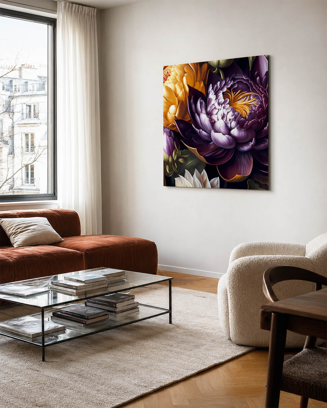 Bloemrijke harmonie kunstwerk – vierkante wanddecoratie – dit kunstwerk toont een weelderige compositie van bloemen in rijke