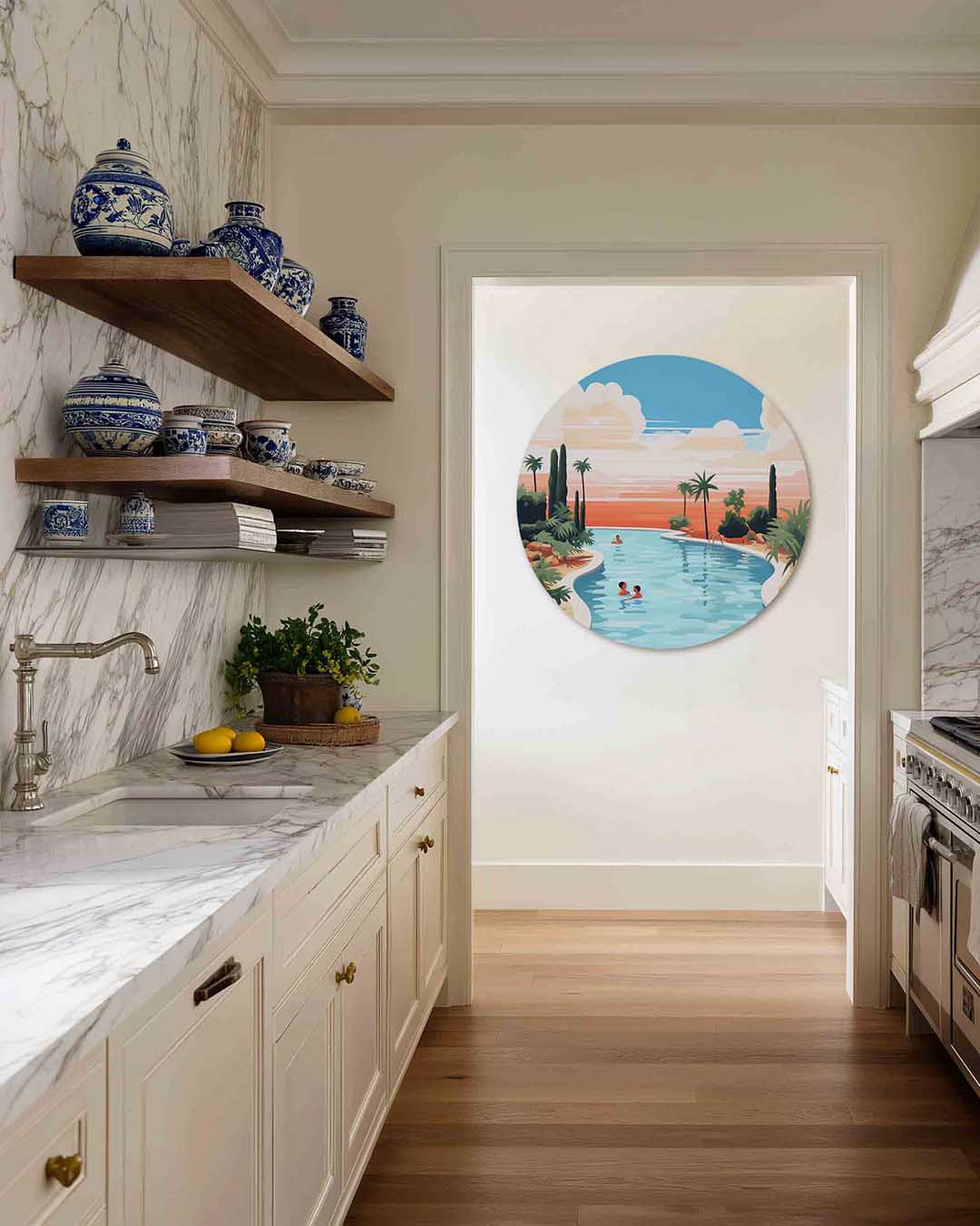 Zwembad en palmbomen – moderne abstracte muurcirkel voor aan de muur
