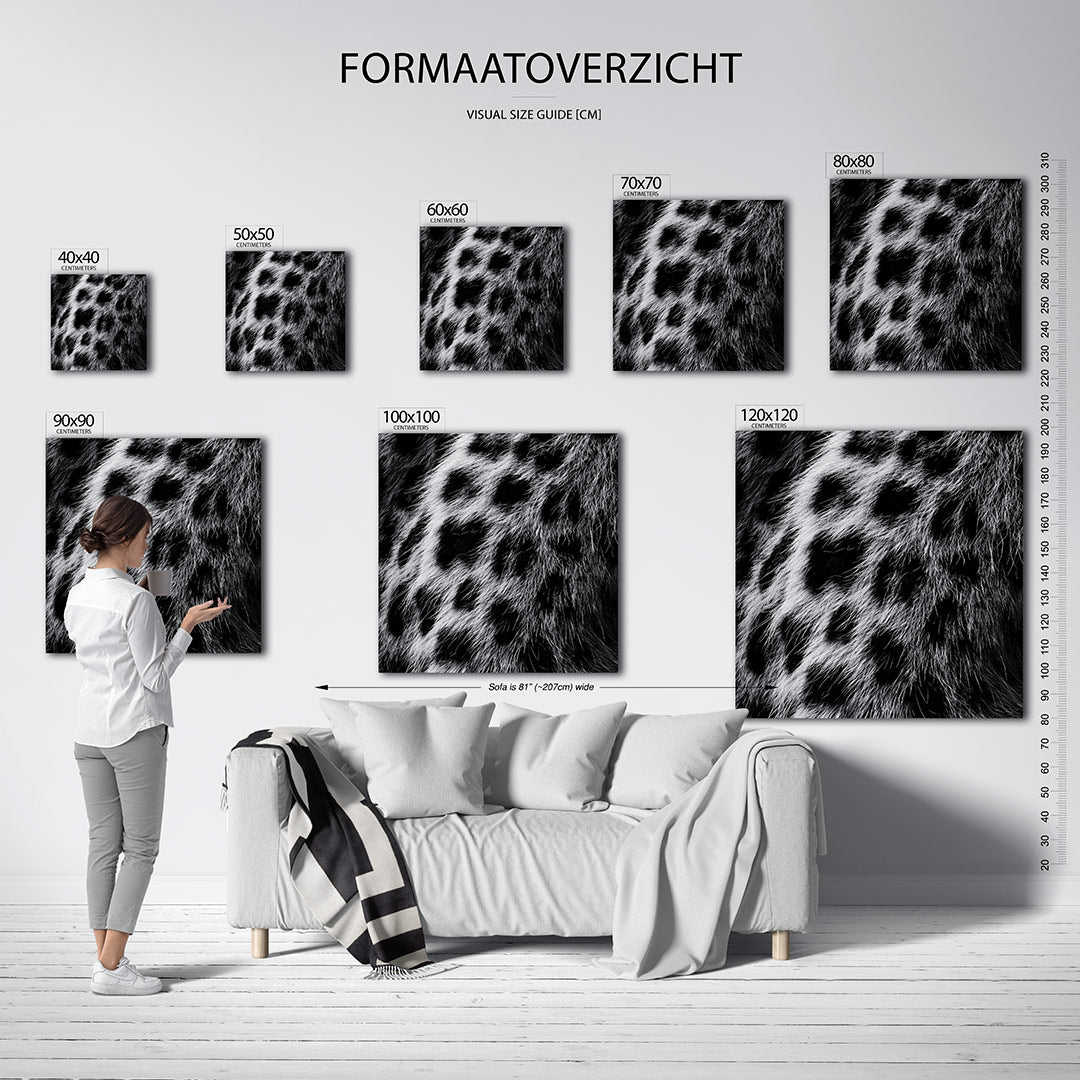 Dierenprint textuur kunstwerk – dit kunstwerk toont een gedetailleerde zwart-wit textuur van dierenhuid met contrasterende