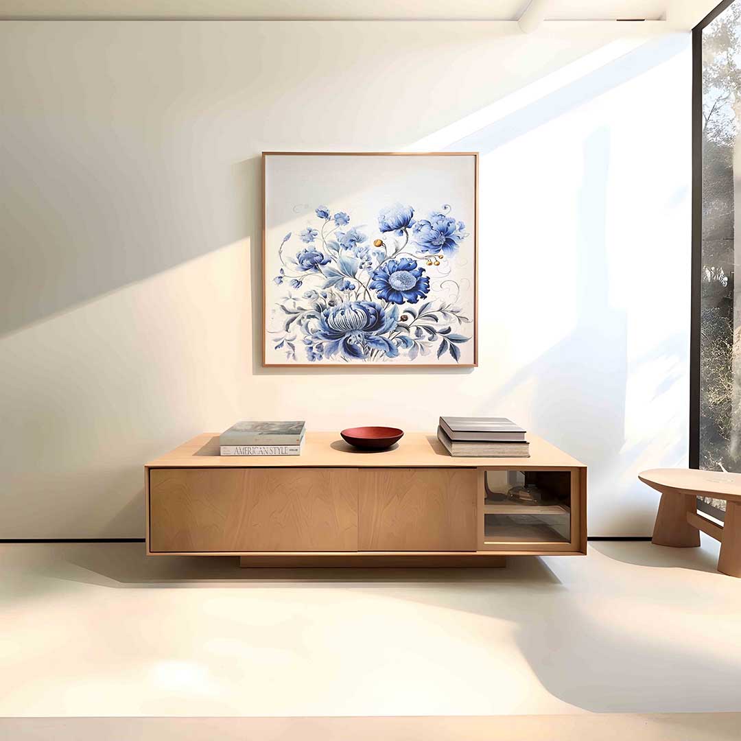 Blauwe bloemen – vierkante bloemen wanddecoratie van WallArtistic